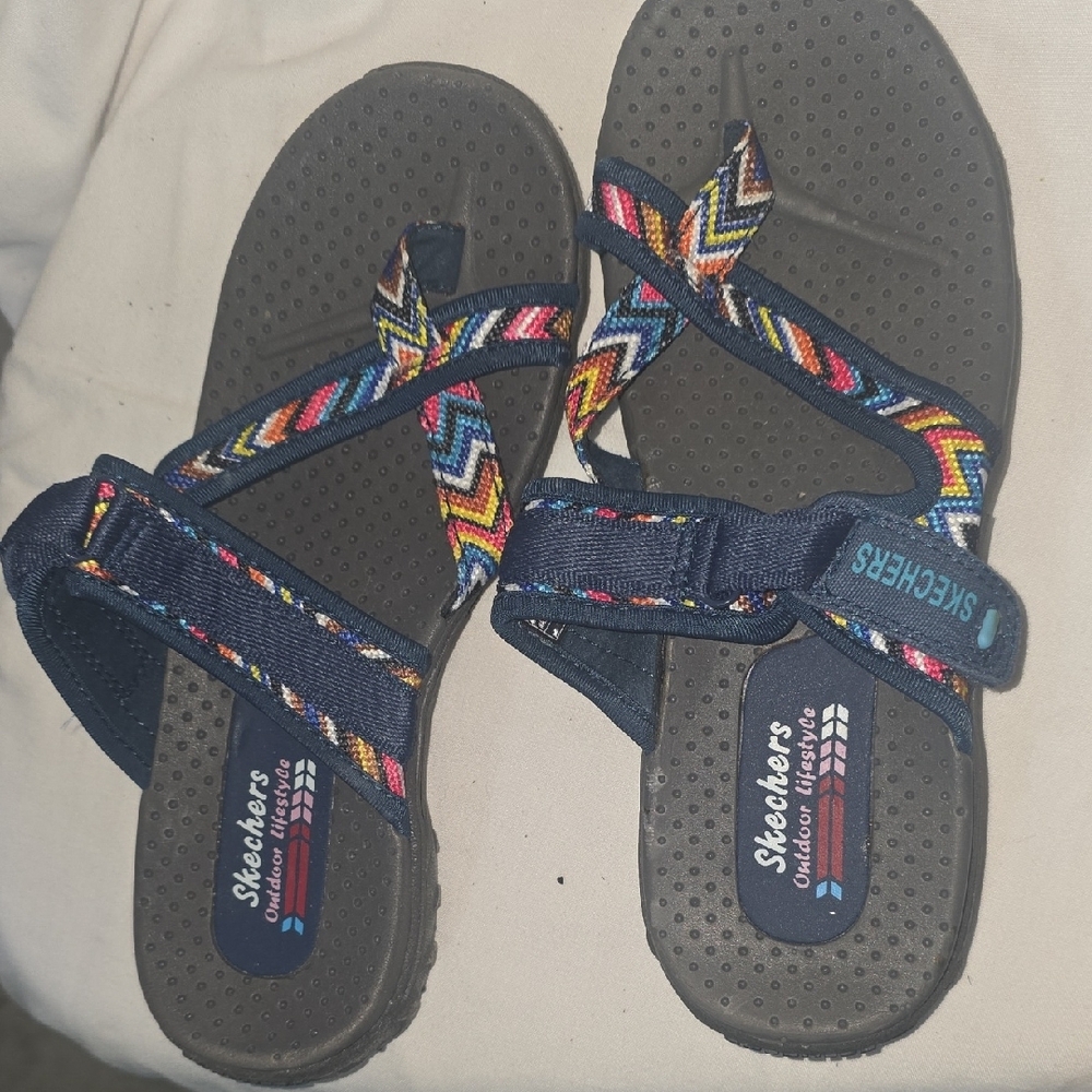 SKETCHERS Navy and Hot Neon  Multicolor Strap Sandals Size 6 NWOT